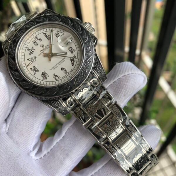 Rolex Oyster Perpetual Silver Full Engraved White Dial