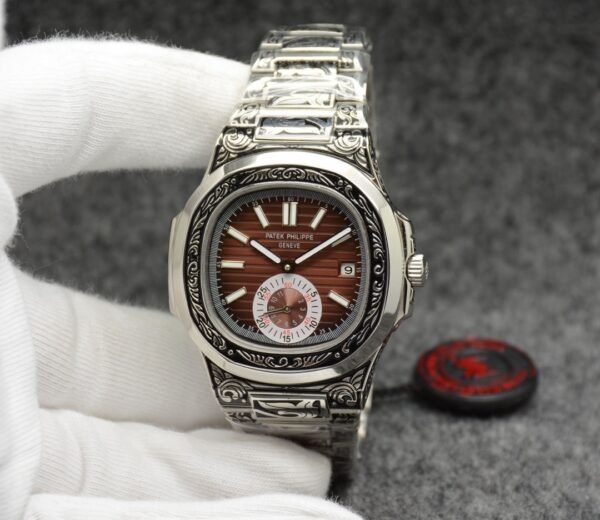 Patek Philippe Nautilus Engraved Silver-Black Stainless Steel Bracelet Men Watch